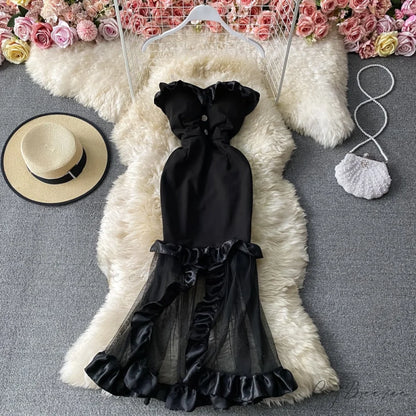Women Sexy Female Dresses Patchwork Bodycon Strapless Gown Red Mesh Party Dinner Slim Strap Warm-Season Long Spaghetti