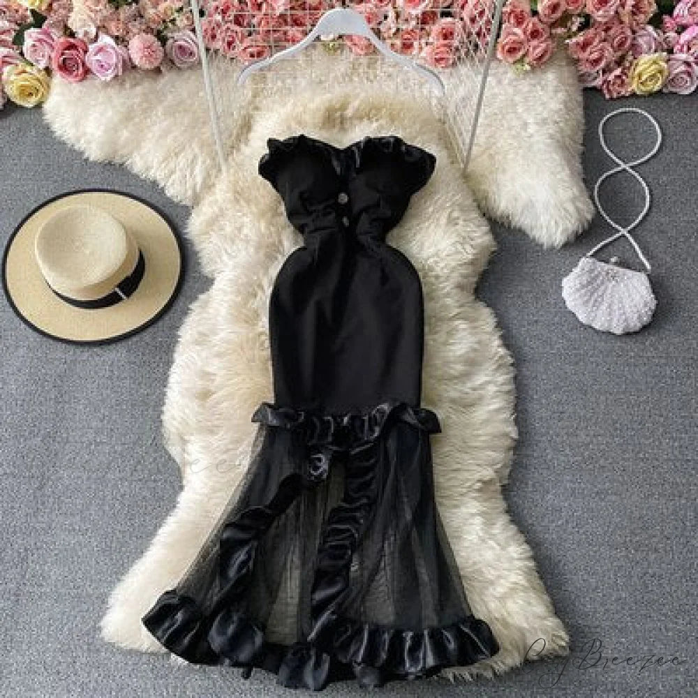 Women Sexy Female Dresses Patchwork Bodycon Strapless Gown Red Mesh Party Dinner Slim Strap Warm-Season Long Spaghetti