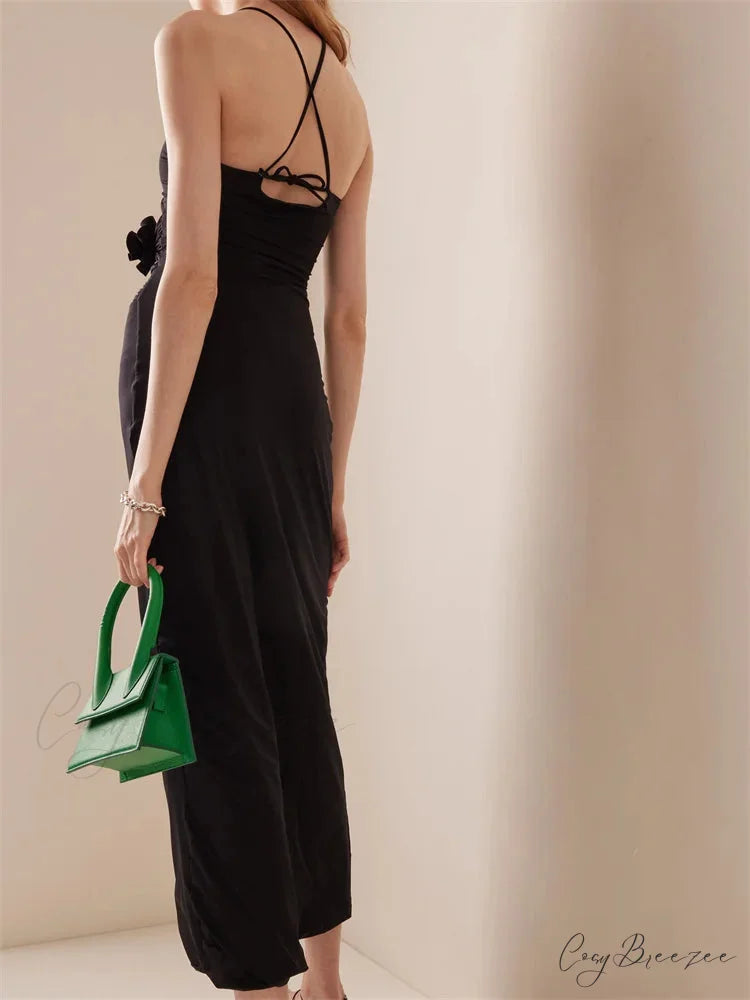 Women Sexy Halter Hollow Out Y2K Off Shoulder Backless Slim 3D Flowers Vestidos Night Party Clubwear