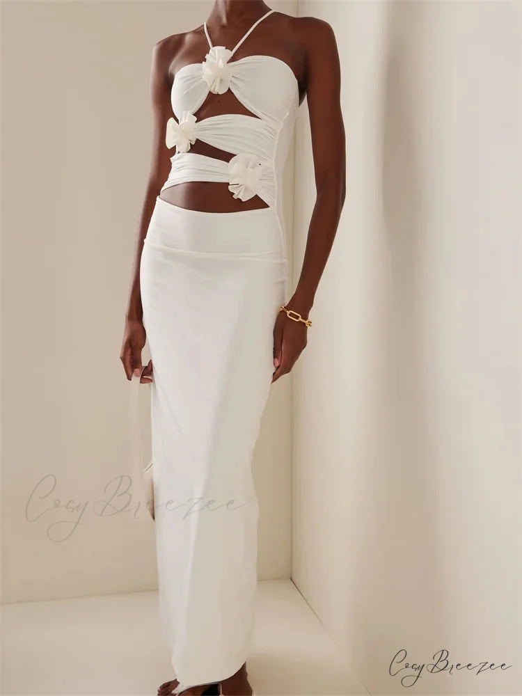 Women Sexy Halter Hollow Out Y2K Off Shoulder Backless Slim 3D Flowers Vestidos Night Party Clubwear WHITE / S