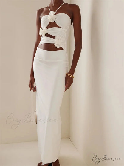 Women Sexy Halter Hollow Out Y2K Off Shoulder Backless Slim 3D Flowers Vestidos Night Party Clubwear WHITE / S