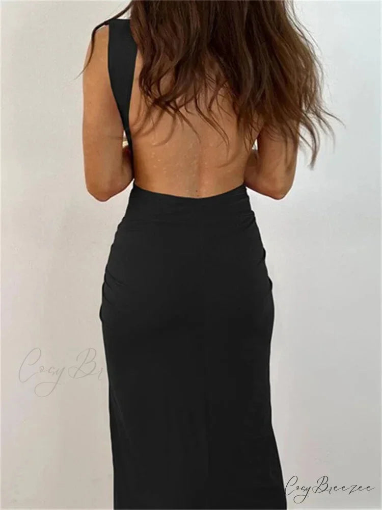Women Sexy High Split Sleeveless Deep V-neck Backless Ruched Summer Elegant Party Clubwear Vestidos
