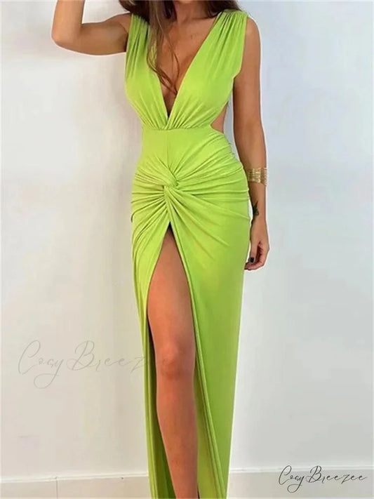 Women Sexy High Split Sleeveless Deep V-neck Backless Ruched Summer Elegant Party Clubwear Vestidos Green / S