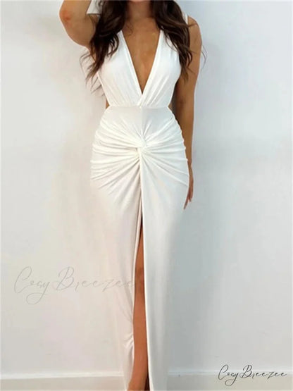 Women Sexy High Split Sleeveless Deep V-neck Backless Ruched Summer Elegant Party Clubwear Vestidos WHITE / S