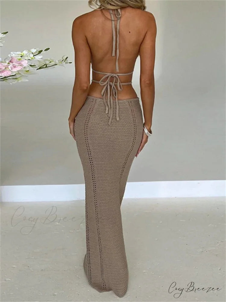 Women Sexy Knitted Cut Out Spaghetti Strap Halter Backless Club Party Y2K Female Vestidos Streetwear