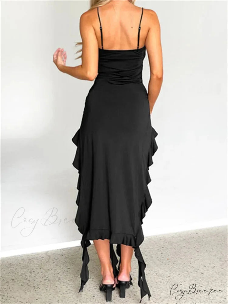 Women Sexy Ruffle Hem Sleeveless Strap Tassels Ruched Bodycon Party V-neck High Split Fairy Vestidos
