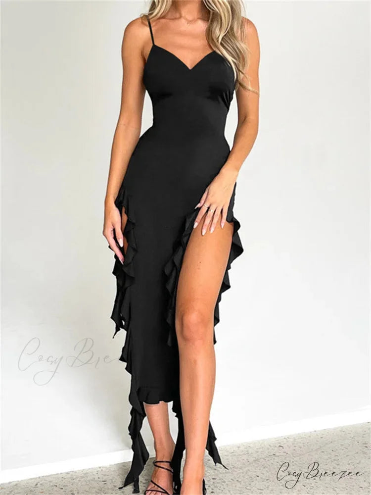 Women Sexy Ruffle Hem Sleeveless Strap Tassels Ruched Bodycon Party V-neck High Split Fairy Vestidos BLACK / S
