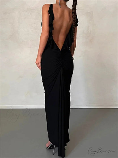 Women Sexy Spaghetti Strap Backless Bodycon V-neck Ruffles Ruched Party Evening Clubwear Vestidos Black / S