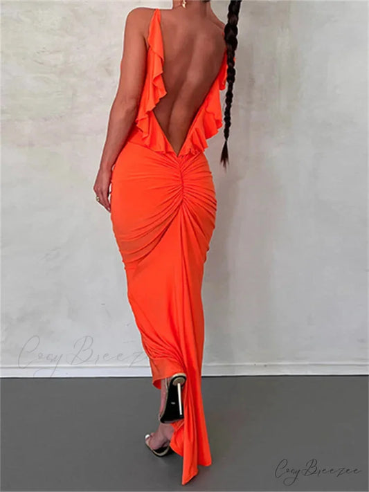Women Sexy Spaghetti Strap Backless Bodycon V-neck Ruffles Ruched Party Evening Clubwear Vestidos Orange / S