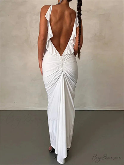 Women Sexy Spaghetti Strap Backless Bodycon V-neck Ruffles Ruched Party Evening Clubwear Vestidos WHITE / S