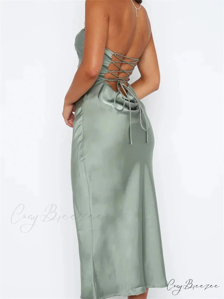 Women Sexy Strapless Backless Low Cut Off Shoulder Tube Party Satin Female Vestidos Streetwear