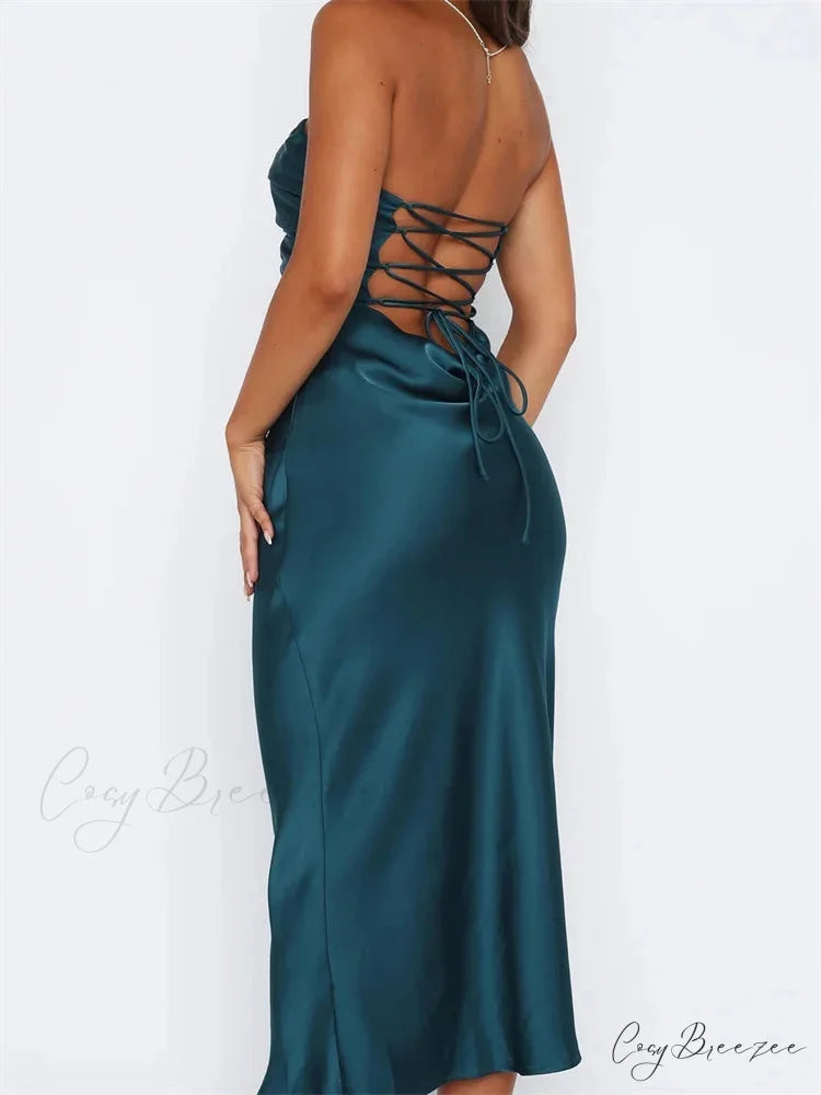 Women Sexy Strapless Backless Low Cut Off Shoulder Tube Party Satin Female Vestidos Streetwear