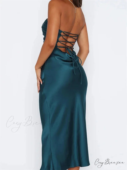 Women Sexy Strapless Backless Low Cut Off Shoulder Tube Party Satin Female Vestidos Streetwear