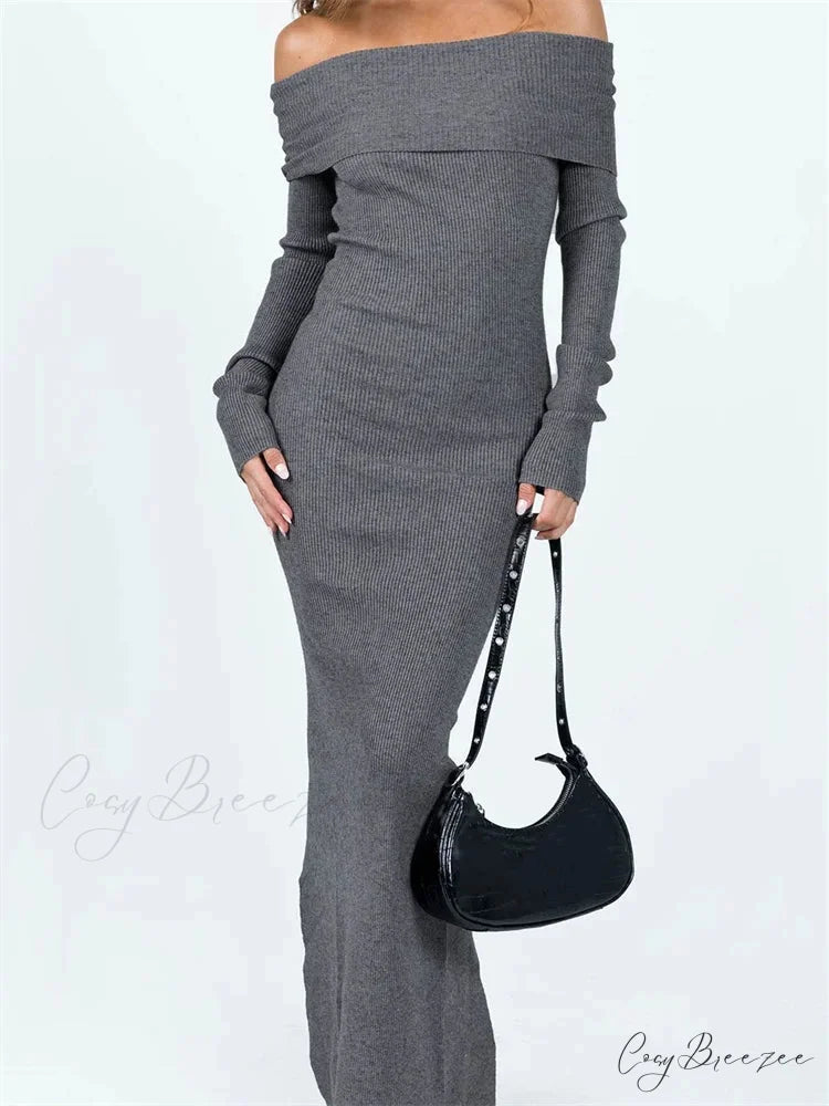 Women Slash Neck Off Shoulder Solid Back Split Hem Casual Sleeve Party Club Vestidos Streetwear