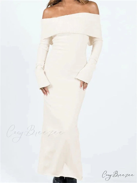 Women Slash Neck Off Shoulder Solid Back Split Hem Casual Sleeve Party Club Vestidos Streetwear WHITE / S