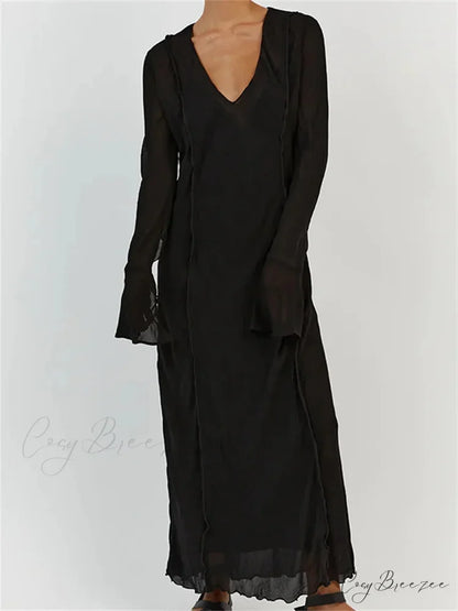 Women Sleeve Loose Casual V Neck Mesh See Through Party Beach Cocktail Club Vestidos Streetwear