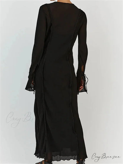 Women Sleeve Loose Casual V Neck Mesh See Through Party Beach Cocktail Club Vestidos Streetwear