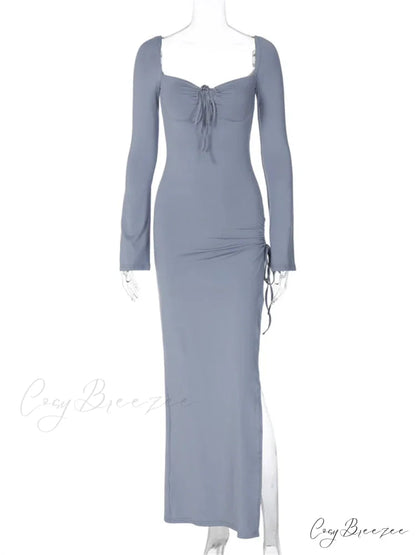 Women Sleeve Low-cut Tie-up Solid Color Slim Fit Cocktail Party High Split Female Vestidos