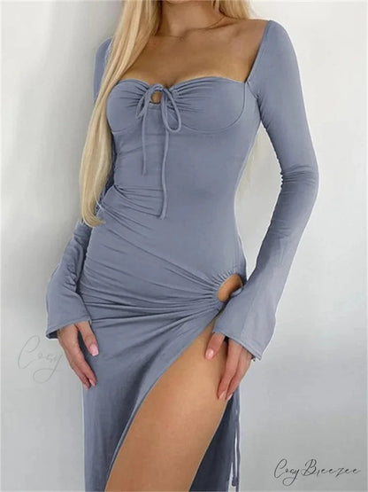 Women Sleeve Low-cut Tie-up Solid Color Slim Fit Cocktail Party High Split Female Vestidos GRAY / S
