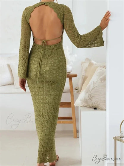 Women Sleeve Round Neck Backless Tie-up Hollow Out Cocktail Spring Autumn Female Vestidos