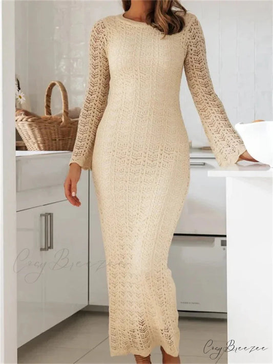 Women Sleeve Round Neck Backless Tie-up Hollow Out Cocktail Spring Autumn Female Vestidos Beige / S