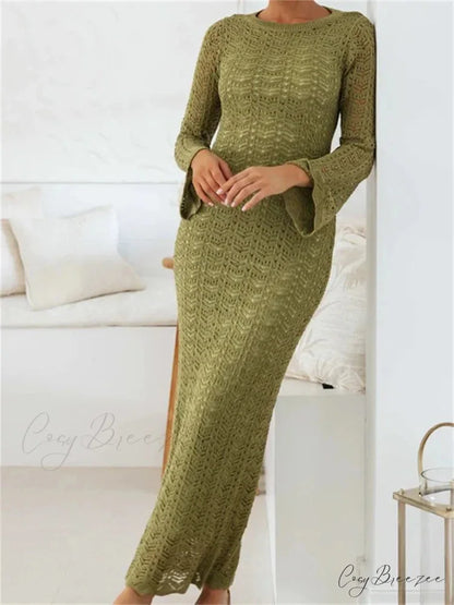 Women Sleeve Round Neck Backless Tie-up Hollow Out Cocktail Spring Autumn Female Vestidos Green / S