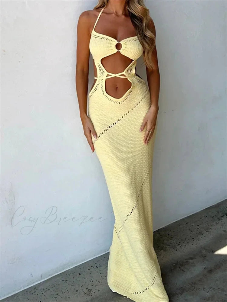 Women Sleeveless Halter Knitted Solid Color Front Cutout Backless Tie-Up Slim Beach Summer Vestidos YELLOW / S