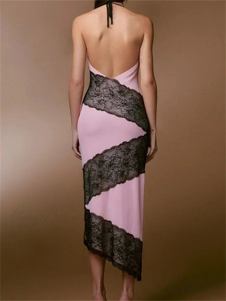 Women Sleeveless Halter Tie-up Backless Lace Patchwork Slim Asymmetrical Hem Cocktail Vestidos