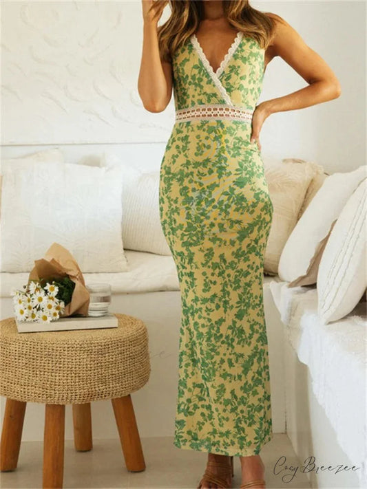 Women Sleeveless Lace Trim Tank Summer Floral Print Party for Cocktail Beach Club Vestido Streetwear GREEN / S