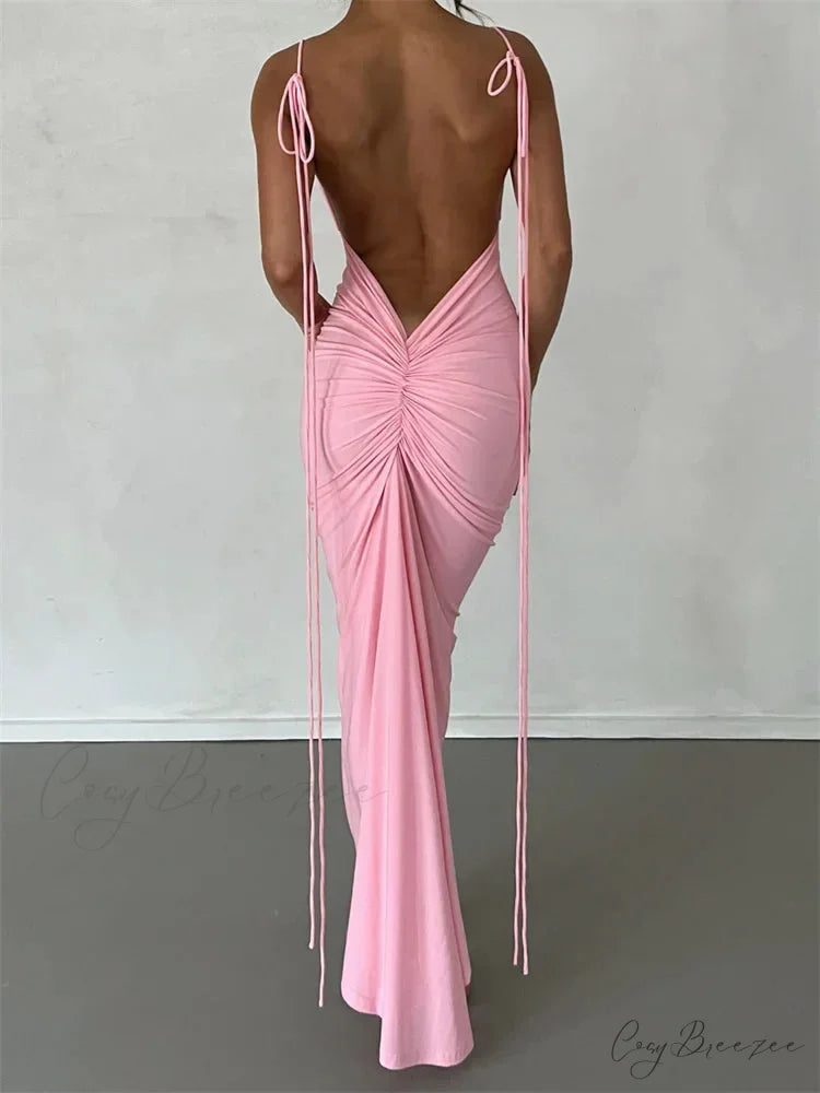 Women Sleeveless Lace-up Strap Sling Summer Backless Ruched Party V-neck Slim Fit Sexy Vestidos PINK / S