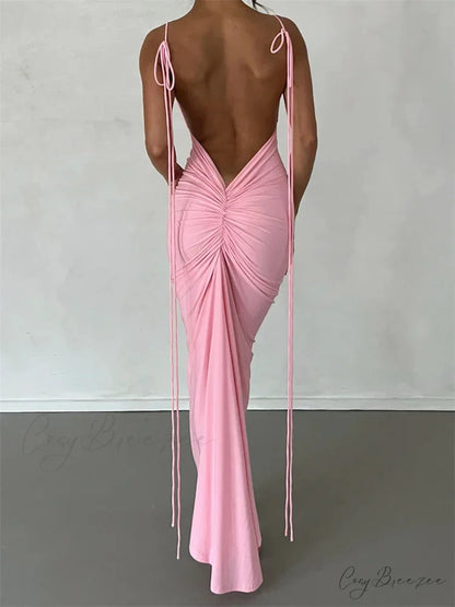 Women Sleeveless Lace-up Strap Sling Summer Backless Ruched Party V-neck Slim Fit Sexy Vestidos PINK / S