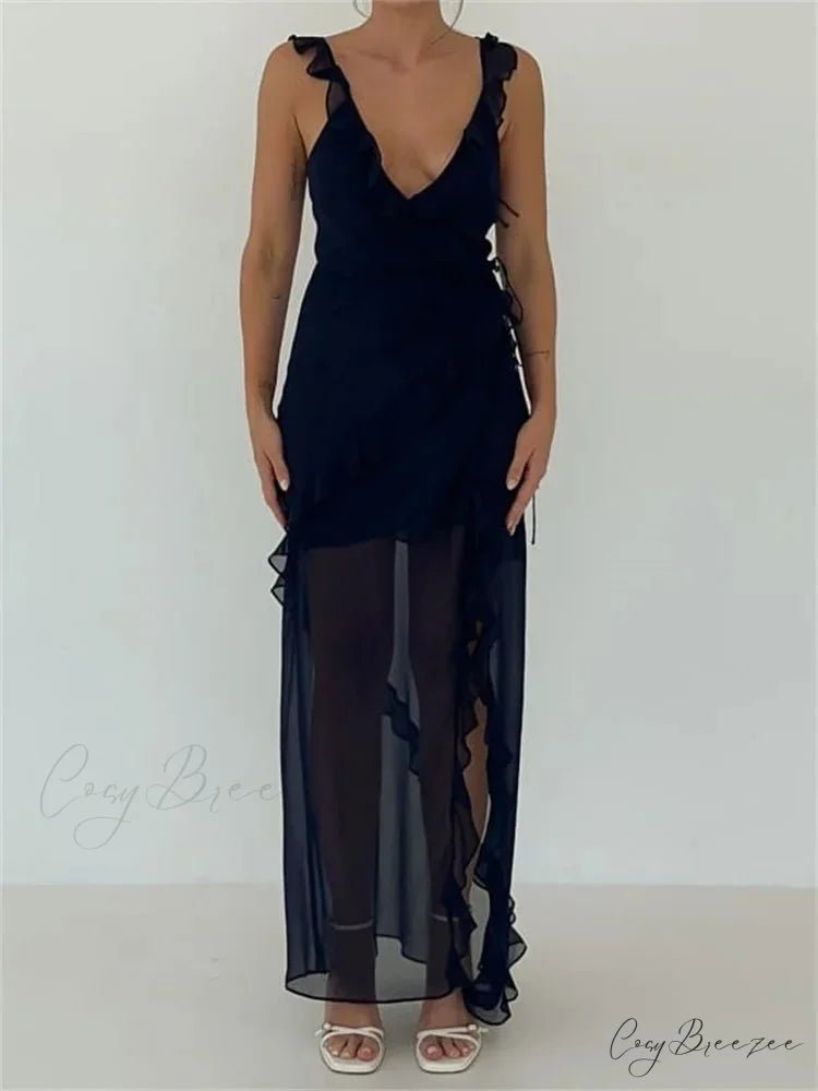 Women Sleeveless Ruffles Solid Color V Neck Casual High Split Party for Cocktail Summer Streetwear