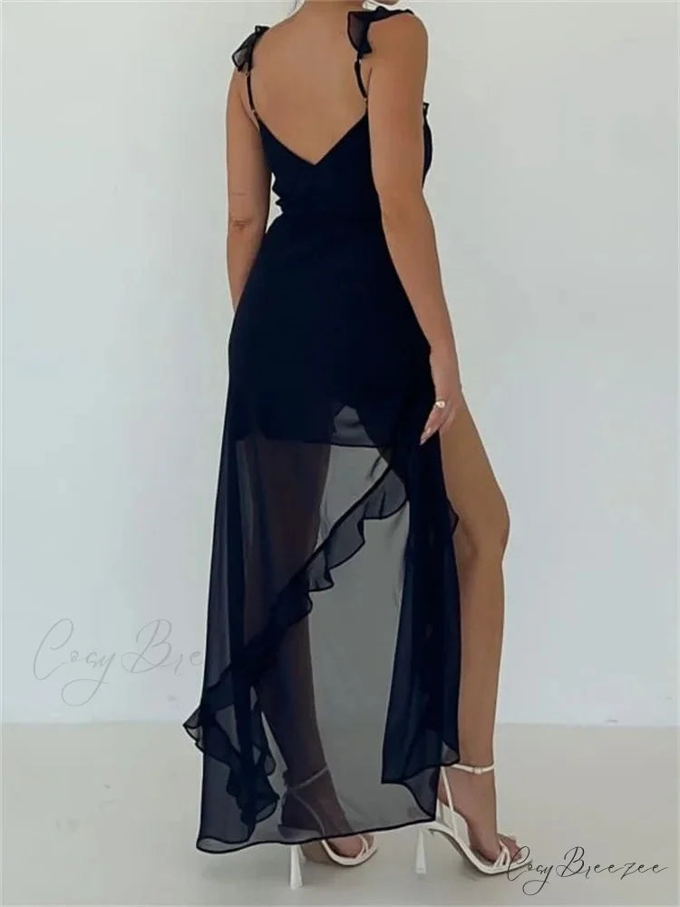 Women Sleeveless Ruffles Solid Color V Neck Casual High Split Party for Cocktail Summer Streetwear