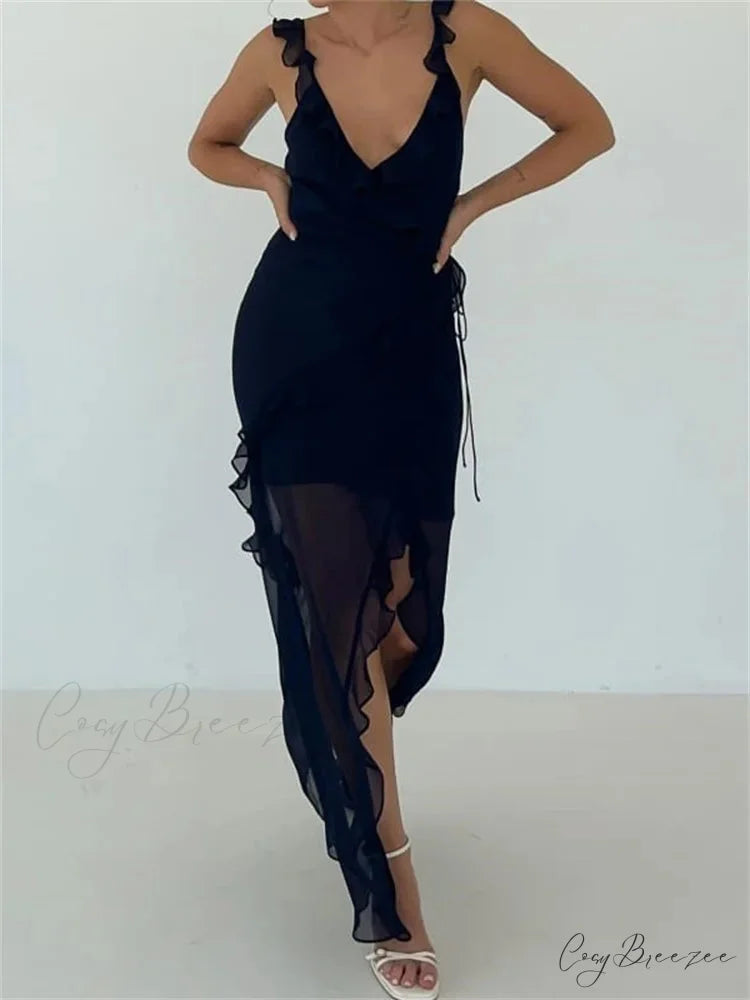 Women Sleeveless Ruffles Solid Color V Neck Casual High Split Party for Cocktail Summer Streetwear