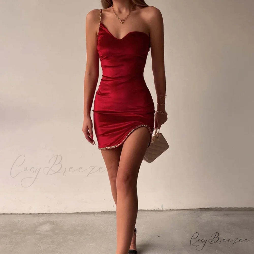 Women Sleeveless Strap Backless Folds Bodycon Split Mini Dress