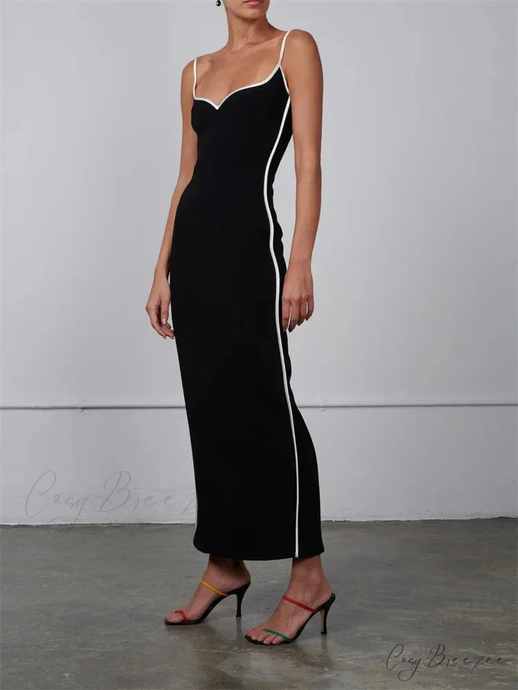 Women Sleeveless Strap Black Patchwork V-neck Low Cut Slim Summer Party Back Split Female Vestidos