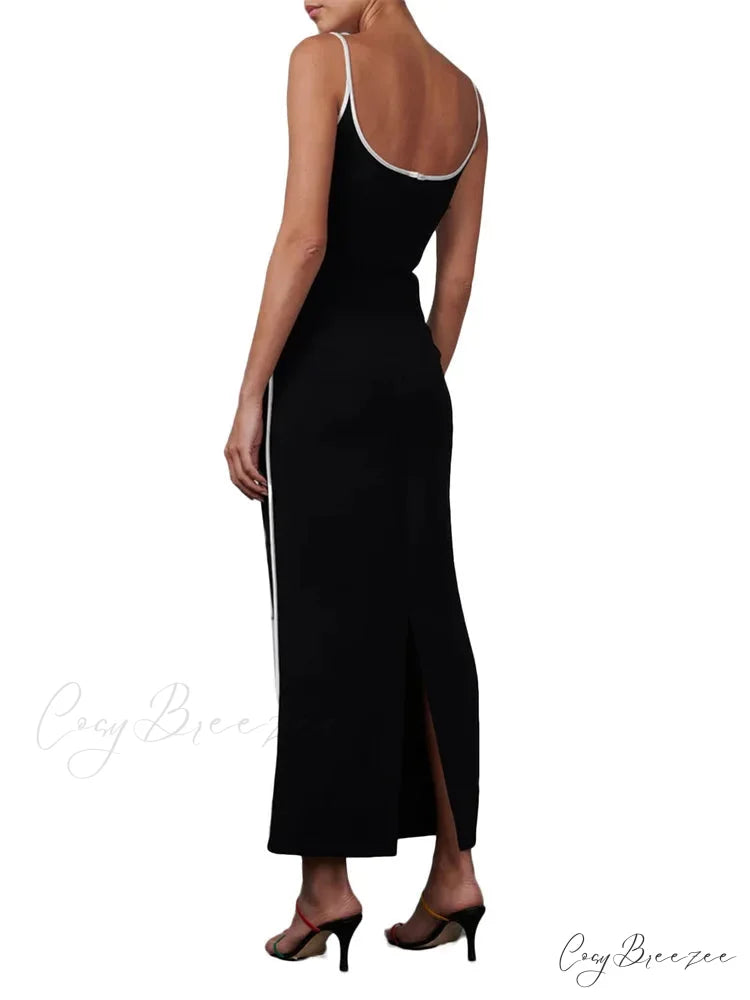 Women Sleeveless Strap Black Patchwork V-neck Low Cut Slim Summer Party Back Split Female Vestidos