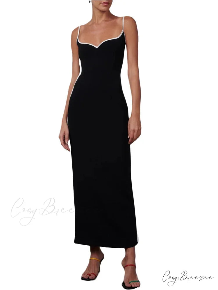 Women Sleeveless Strap Black Patchwork V-neck Low Cut Slim Summer Party Back Split Female Vestidos