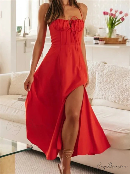 Women Sleeveless Strap Ruched Tie-up Backless Criss-cross Hollow Out High Split Party Beach Vestidos RED / S