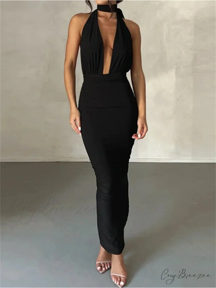 Women Sleeveless Strap Solid Color Deep V-neck Backless High Split Summer Party Ruched Vestidos
