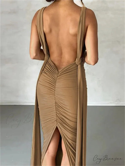 Women Sleeveless Strap Solid Color Deep V-neck Backless High Split Summer Party Ruched Vestidos