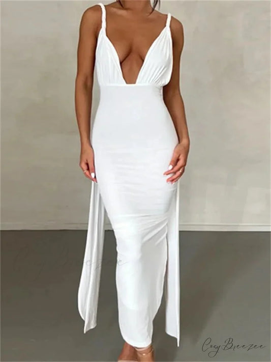 Women Sleeveless Strap Solid Color Deep V-neck Backless High Split Summer Party Ruched Vestidos