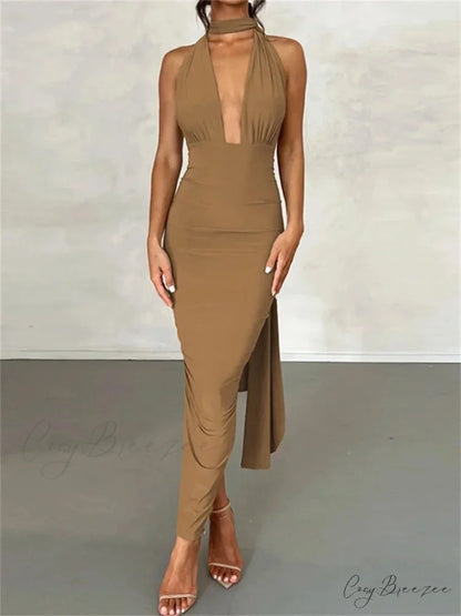Women Sleeveless Strap Solid Color Deep V-neck Backless High Split Summer Party Ruched Vestidos