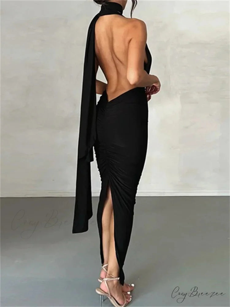 Women Sleeveless Strap Solid Color Deep V-neck Backless High Split Summer Party Ruched Vestidos Black / S