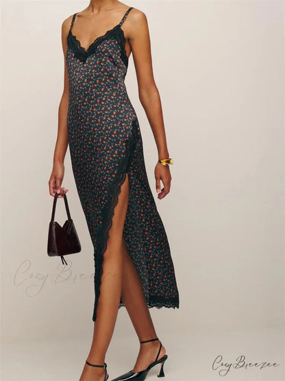 Women Sleeveless Strap Summer Lace Patchwork V Neck Backless Split Party Cocktail Beach Streetwear
