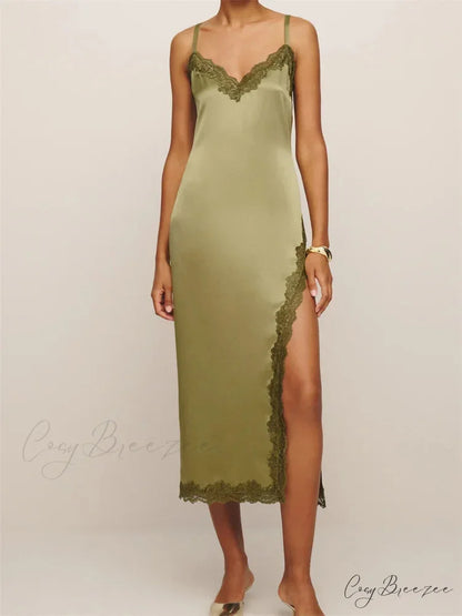 Women Sleeveless Strap Summer Lace Patchwork V Neck Backless Split Party Cocktail Beach Streetwear GREEN / S