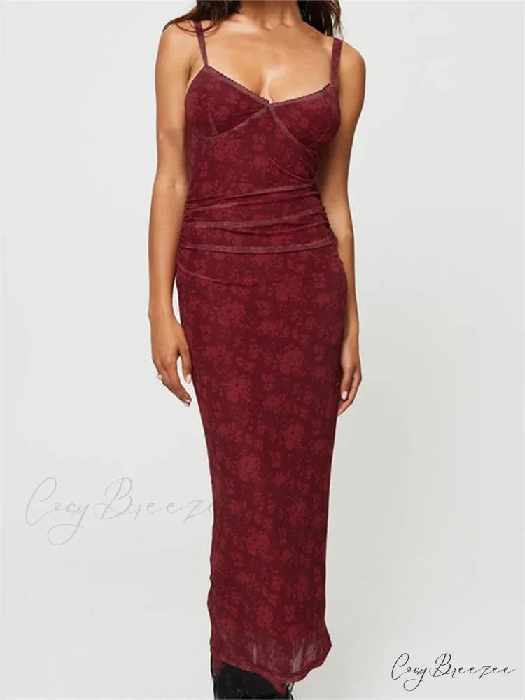 Women Sleeveless Strap Summer Vintage Floral V-neck Party for Cocktail Beach Vestido Streetwear RED / S