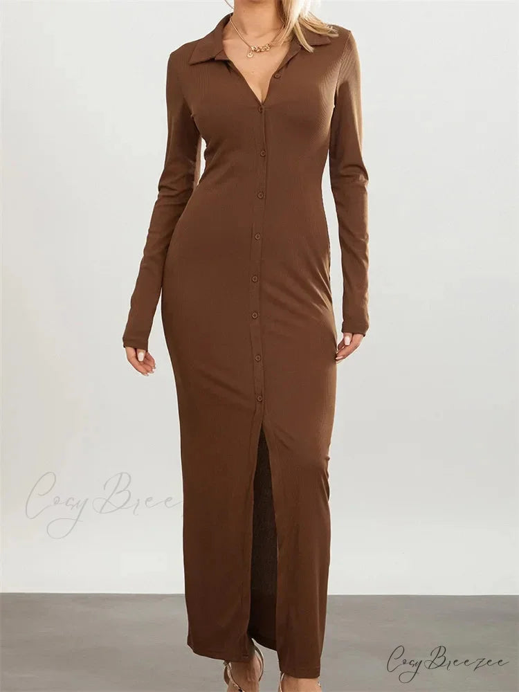 Women Slim Fit Sleeve Button Down Turn Down Collar Evening for Spring Fall Female Vestidos BRWON / S