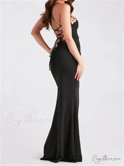 Women Slim Sling High Split Flower Embroidery Sleeveless Spaghetti Strap Summer Party Club Vestidos