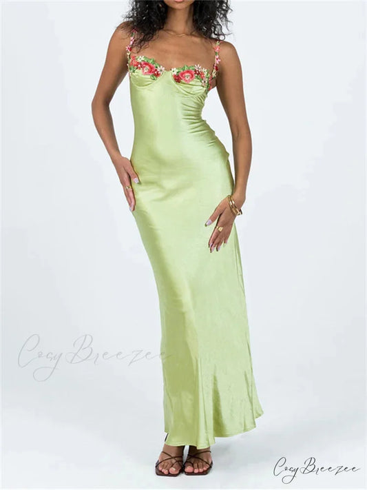 Women Sling Bodycon Flower Embroidery Sleeveless Spaghetti Strap Cocktail Summer Party Club Vestidos Green / S